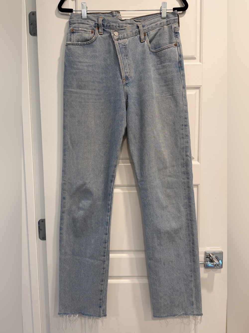 Agolde Criss Cross Straight Jeans Womens 27 Asymmetrical High Waist Band Raw Hem